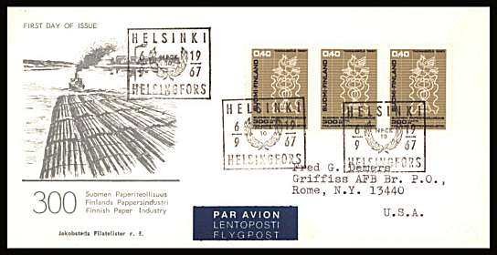 300th Anniversary of Finnish Paper Industry single as a strip of three. 
<br/>on an illustrated First Day Cover with special cancel<br/><br/>


Note: The MICHEL catalogue prices a FDC at x6 times the used set price