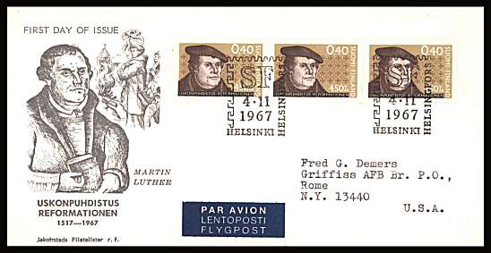 450th Anniversary of the Reformation single as a strip of three.
<br/>on an illustrated First Day Cover with special cancel<br/><br/>


Note: The MICHEL catalogue prices a FDC at x6 times the used set price