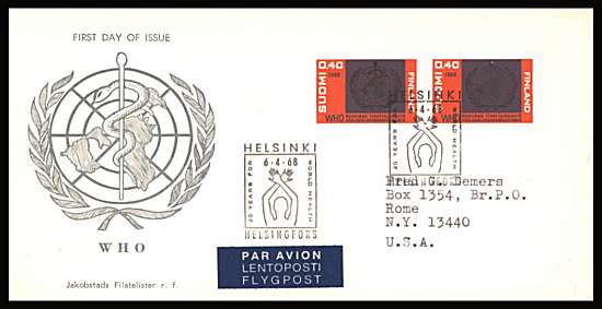 20th Anniversary of WHO World Health Organisation single as a pair
<br/>on an illustrated First Day Cover with special cancel<br/><br/>


Note: The MICHEL catalogue prices a FDC at x6 times the used set price