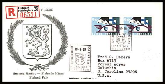 Finnish National and International Fairs single as a pair.
<br/>on an illustrated First Day Cover with special cancel<br/><br/>


Note: The MICHEL catalogue prices a FDC at x6 times the used set price