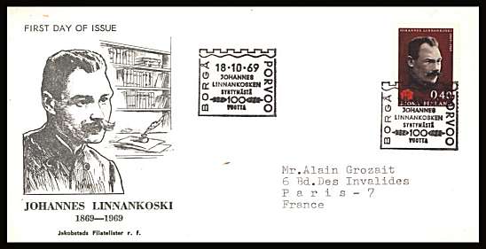 Birth Centenary of Linnankoski single
<br/>on an illustrated First Day Cover with special cancel<br/><br/>


Note: The MICHEL catalogue prices a FDC at x6 times the used set price