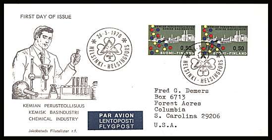Finnish Chemical Industry single as a pair
<br/>on an illustrated First Day Cover with special cancel<br/><br/>


Note: The MICHEL catalogue prices a FDC at x6 times the used set price
