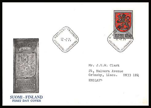 Finnish Arms single
<br/>on an illustrated First Day Cover with special cancel<br/><br/>


Note: The MICHEL catalogue prices a FDC at x40 times the used set price