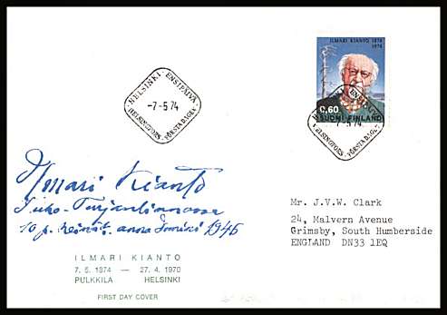 Birth Centenary of Kianto single
<br/>on an illustrated First Day Cover with special cancel<br/><br/>


Note: The MICHEL catalogue prices a FDC at x6 times the used set price