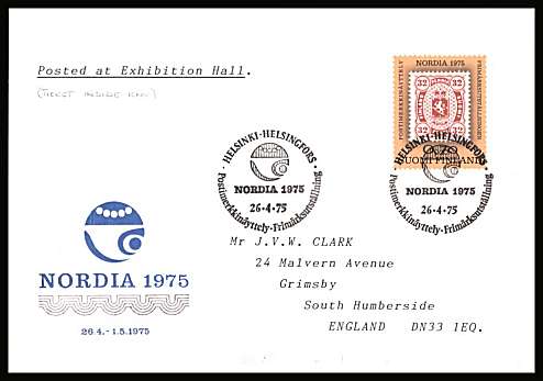 NORDIA 1975 Stamp Exhibition single 
<br/>on an illustrated First Day Cover with special cancel and enclosed  EXHIBITION TICKET <br/><br/>


Note: The MICHEL catalogue prices a FDC at x6 times the used set price