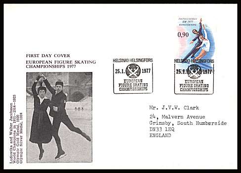 European Figure Skating Championships single
<br/>on an illustrated First Day Cover with special cancel<br/><br/>


Note: The MICHEL catalogue prices a FDC at x6 times the used set price