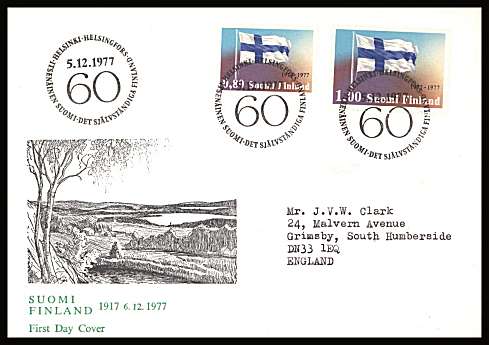 60th Anniversary of Finnish Independence set of two
<br/>on an illustrated First Day Cover with special cancel<br/><br/>


Note: The MICHEL catalogue prices a FDC at x6 times the used set price