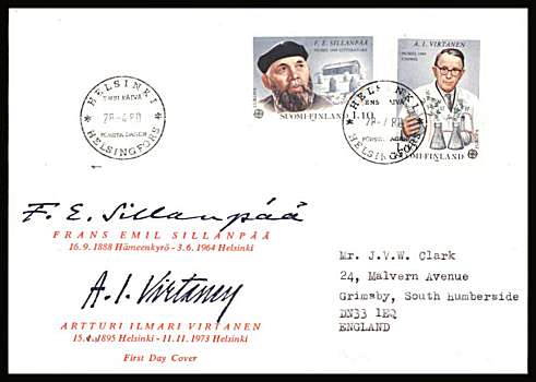 EUROPA - Finnish Nobel Prize Winners set of two
<br/>on an illustrated First Day Cover with special cancel<br/><br/>


Note: The MICHEL catalogue prices a FDC at x2 times the used set price