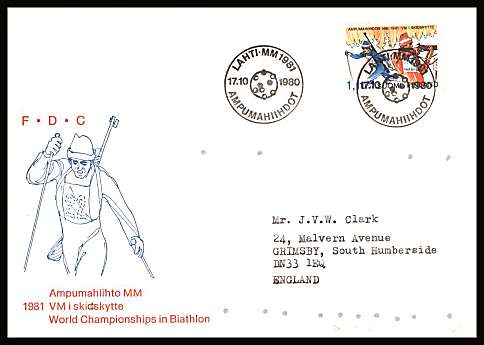 Biathlon World Championship single
<br/>on an illustrated First Day Cover with special cancel<br/><br/>


Note: The MICHEL catalogue prices a FDC at x7 times the used set price