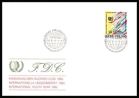 International Youth Year single<br/>on an unaddressed illustrated First Day Cover with special cancel<br/><br/>


Note: The MICHEL catalogue prices a FDC at x7 times the used set price