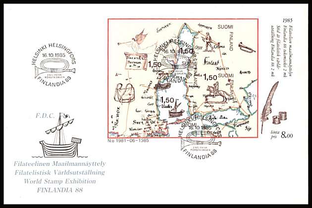 FINLANDIA 88 International Stamp Exhibition minisheet - 1st Issue
<br/>on an unaddressed illustrated First Day Cover with special cancel<br/><br/>


Note: The MICHEL catalogue prices a FDC at x2 times the used set price