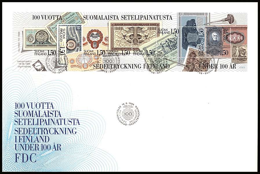 Centenary of Finnish Banknote Printing Booklet pane.<br/>Note this FDC is big! 300x200mm
<br/><br/>
Note: The MICHEL catalogue prices a FDC at x2 times the used set price