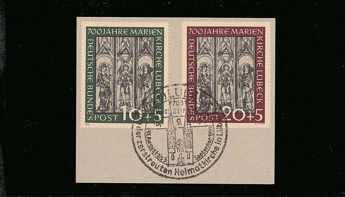 700th Anniversary of St. Mary's Church - Lubeck<br/>
A superb fine used set of two tied to a small neat piece by a large commemorative cancel.<br/>SG Cat 220
<br><b>QQM</b>