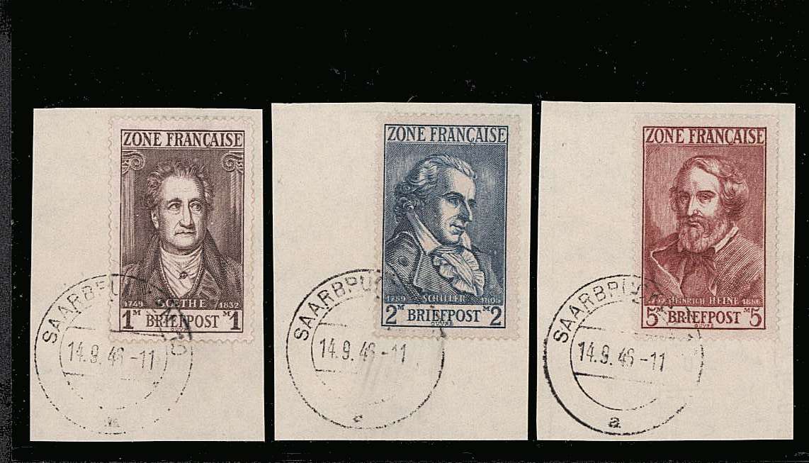 The Classical Writers set of three<br/>Superb fine used with each stamp tied to a small piece with a complete CDS. <br/>SG Cat £300
<br><b>QQM</b>