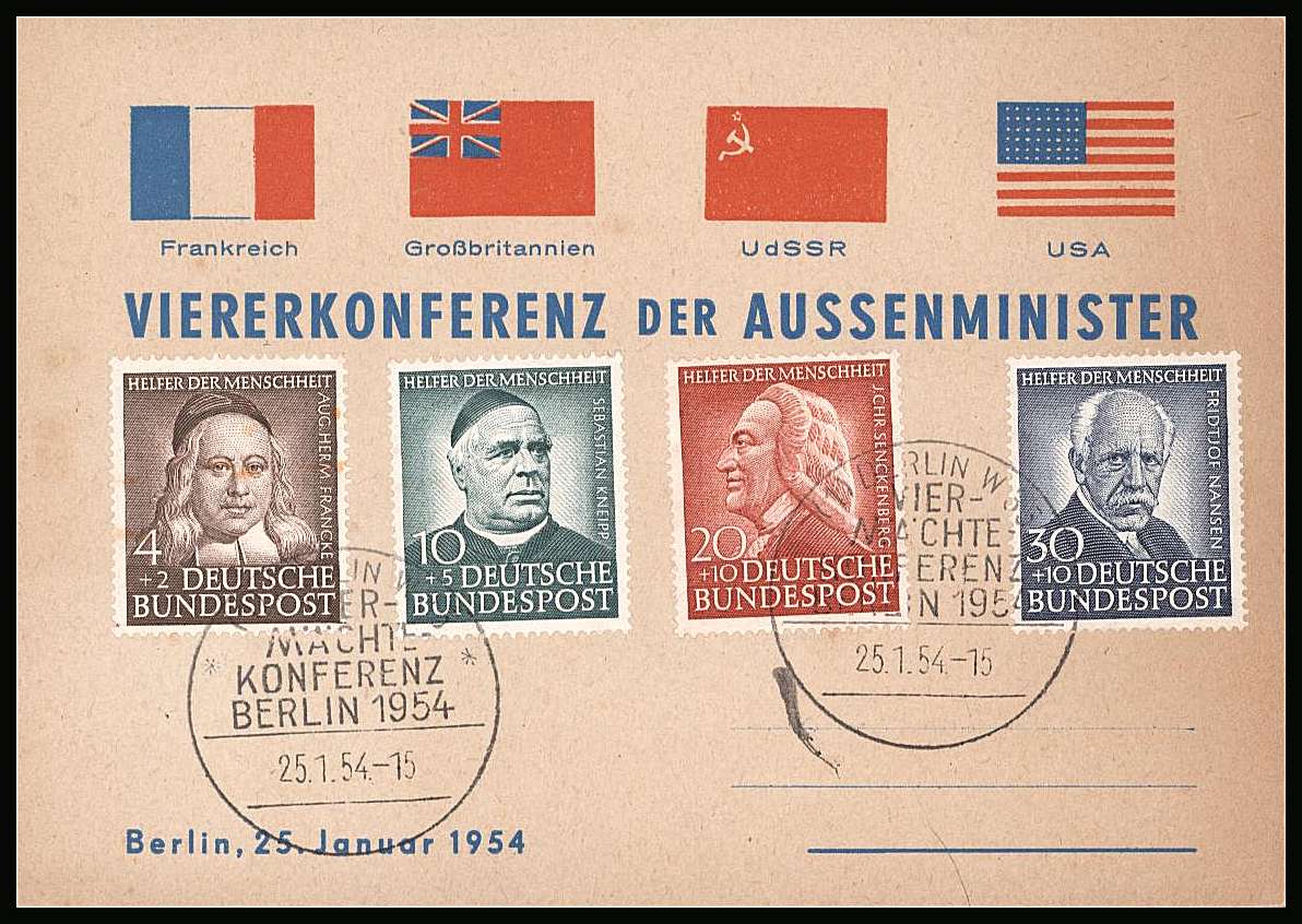 Humanitarian Relief Fund<br/>
Set of four superb fine used on a colour card cancelled with two strikes of the special handstamp for the four powers conference dated  BERLIN, 25 January 1954. SG Cat for used singles £130
<br><b>QQM</b>