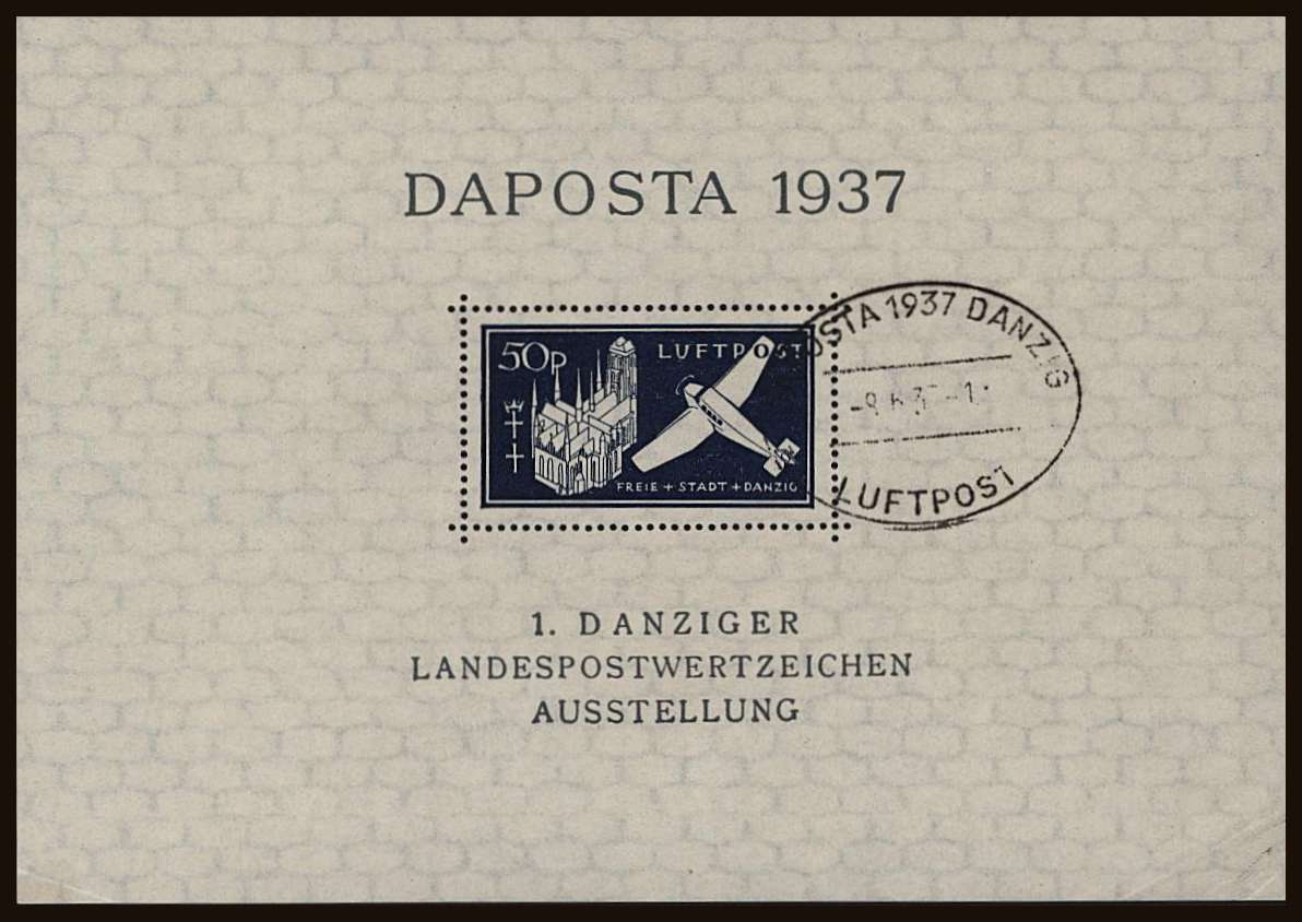 First National Philatelic Exhibition - Danzig<br/>
A fine used minisheet with a light crease SE corner mentioned for accuracy.<br/>
Sheet is cancelled with the oval exhibition cancel dated 8-6-37 two days after first day of issue. <br/>SG Cat 180