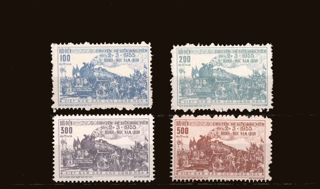 Hanoi-China Railway Re-Opening<br/>
A superb unmounted mint set of four - issued with no gum<br/>and the usual rough perforations!<br/>
A rare Railway set!<br/>
SG Cat �170.000
<br/><b>QQB</b>
