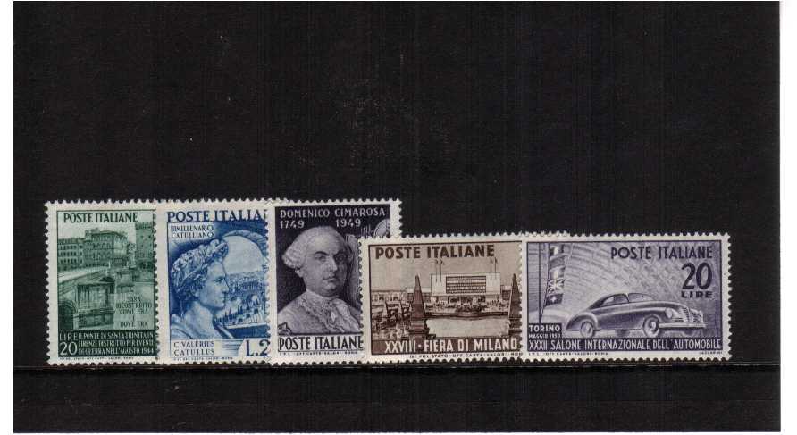 A run of lightly mounted single stamp issues from 1949 showing Holy Trinty Bridge, poet, Music Composer Cimarosa, Milan Fair and Car Exhibition SG Cat �.75