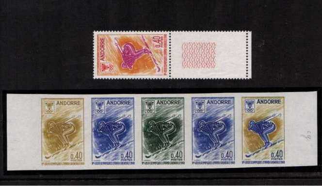 Winter Olympics - Grenoble - Skiing single in a superb unmounted mint COLOUR TRIAL IMPERFORATE strip of five showing different colours with issued normal.