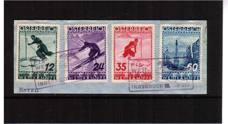 Ski Championship set of four superb fine used tied to a small piece with the special commemorative cancel dated 22 Feb 1936. SG Cat �
