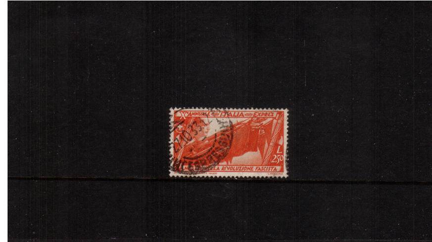 Tenth Anniversary of Fascist March on Rome<br/>
EXPRESS LETTER<br/>
Inscribed ''EXPRES'' for foreign mail<br/>A superb fine used single with correct cancel dated 27.10.33. SG Cat 170